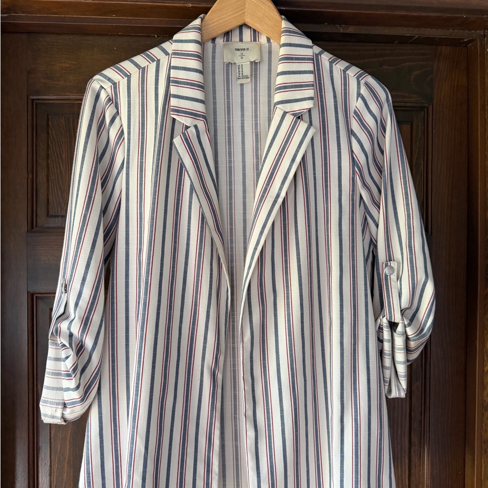 Striped Duster Jacket - White with Navy & Red Stripes